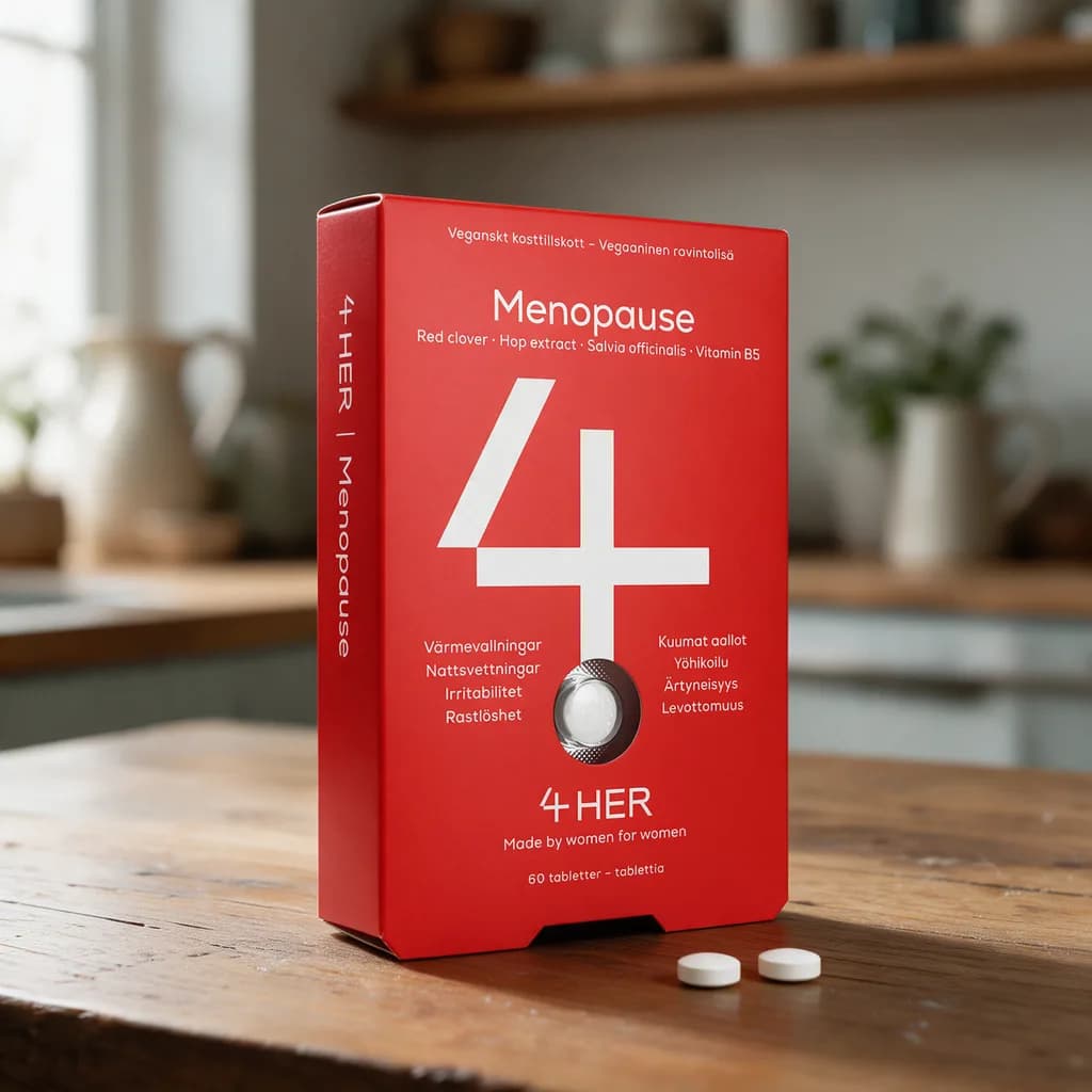 Punainen 4HER Menopause -rasia valkoisella 4-numerolla puisella keittiön pöydällä, edessä kaksi valkoista tablettia