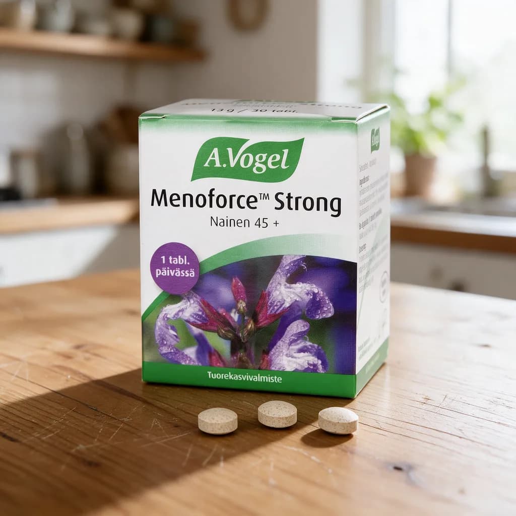 Vihreä A.Vogel Menoforce Strong -rasia violetilla salviankukalla puisella keittiön pöydällä, edessä muutama tabletti