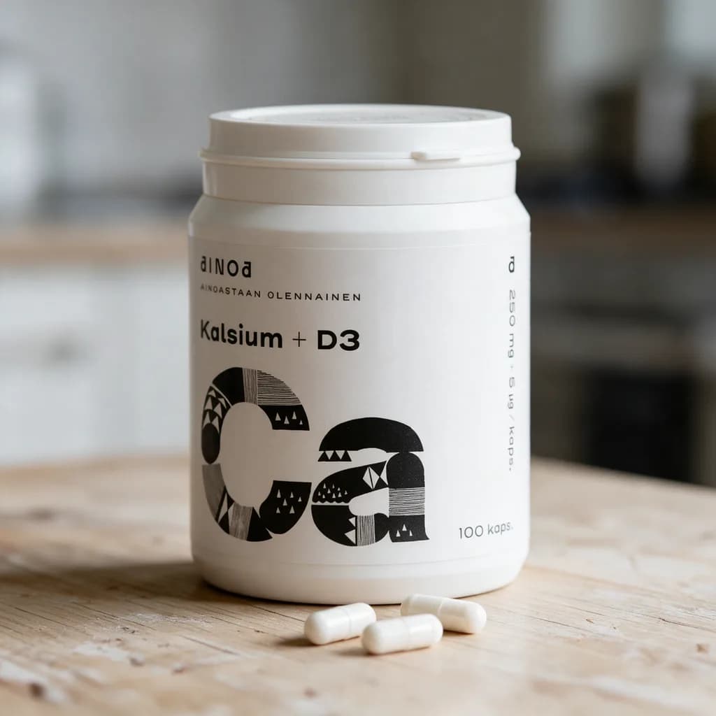 Valkoinen Ainoa Kalsium + D3 -purkki mustalla Ca-kuviolla puisella keittiön pöydällä, edessä muutama valkoinen kasvikapseli
