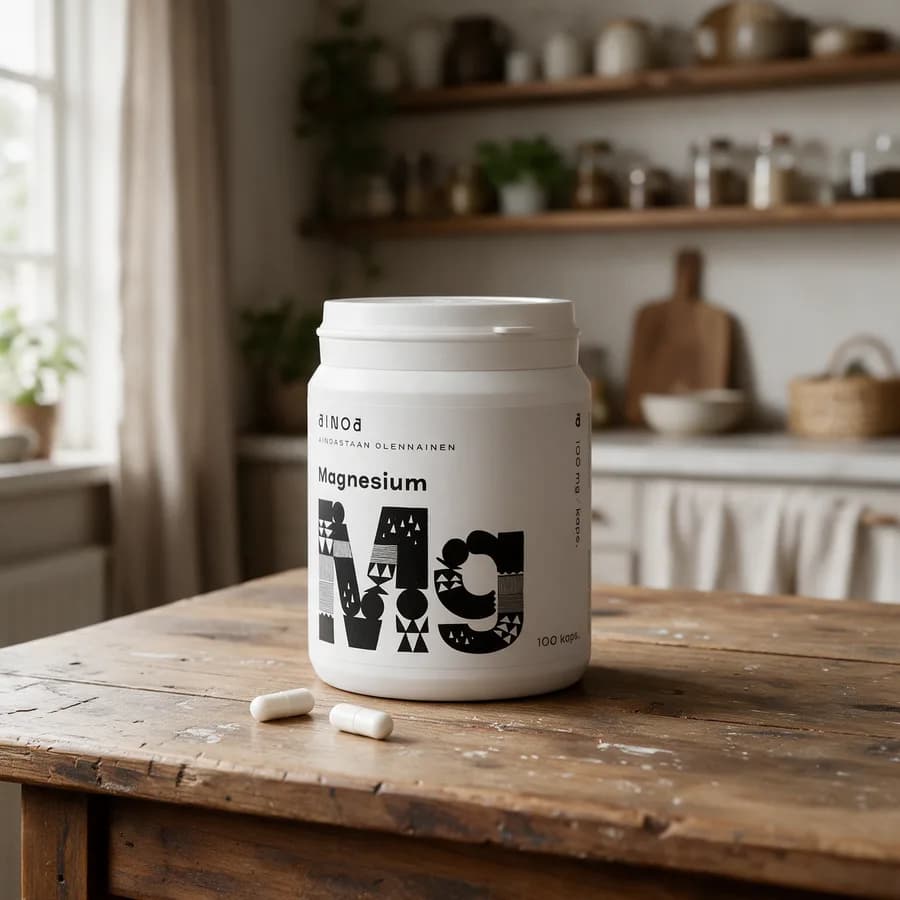 Valkoinen Ainoa Magnesium -purkki mustalla Mg-kuviolla puisella keittiön pöydällä, edessä muutama kapseli