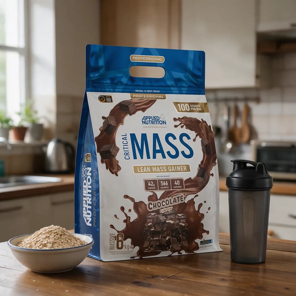 Applied Nutrition Critical Mass -pussi puisella keittiön pöydällä kaurahiutalekulhon ja shakerin vieressä