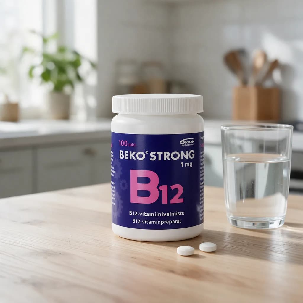 Valkoinen, tummansinisellä etiketillä varustettu Beko Strong B12 1 mg -purkki puisella keittiön pöydällä vesilasin ja kahden valkoisen tabletin vieressä