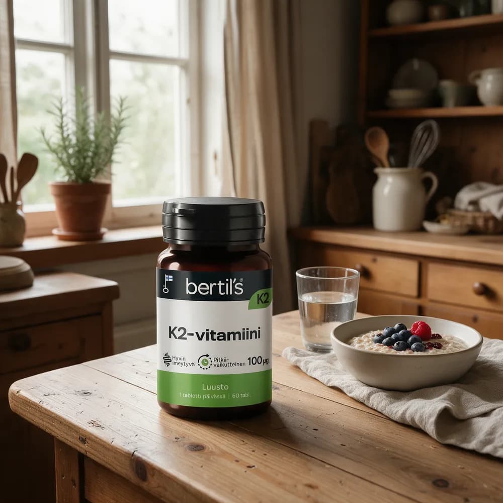 Bertil's K2-vitamiini -purkki keittiön pöydällä vesilasin ja puurokulhon vieressä