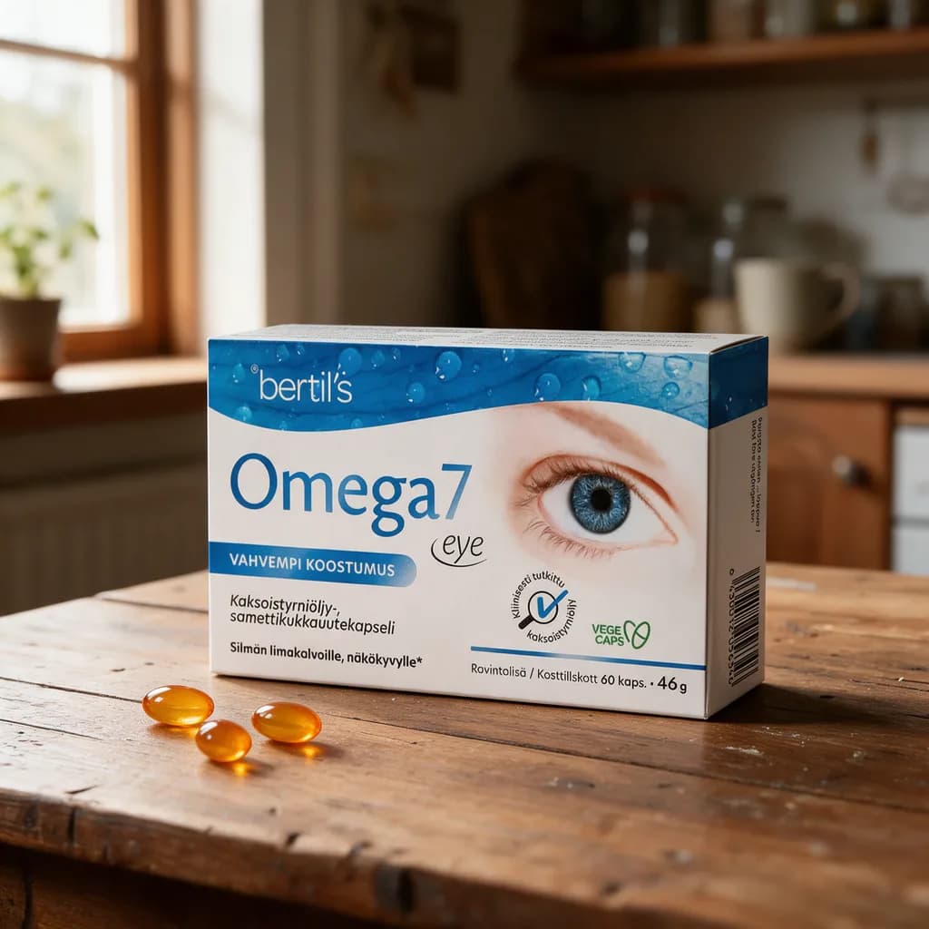 Sini-valkoinen Bertils Omega7 Eye -pakkaus puisella keittiön pöydällä, edessä muutama öljykapseli