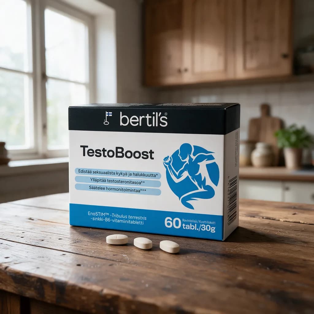 Valkoinen ja sininen Bertils Testo Boost -rasia puisella keittiön pöydällä, edessä muutama tabletti