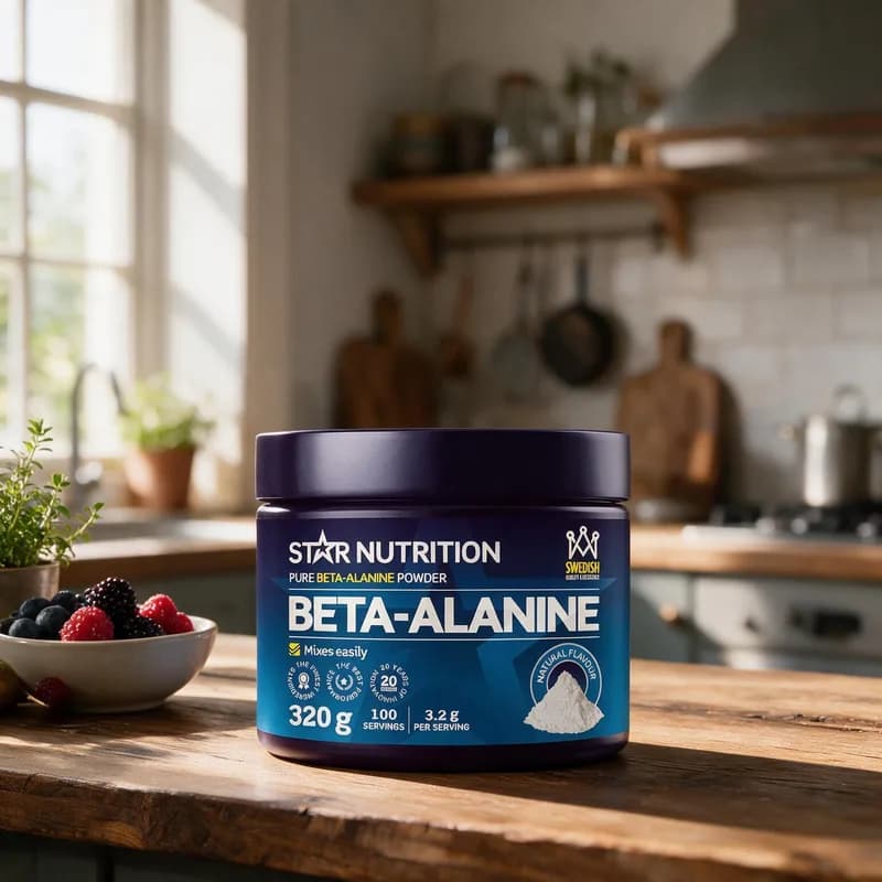 Tummansininen Star Nutrition Beta-Alanine -purkki puisella keittiön pöydällä marjakulhon vieressä