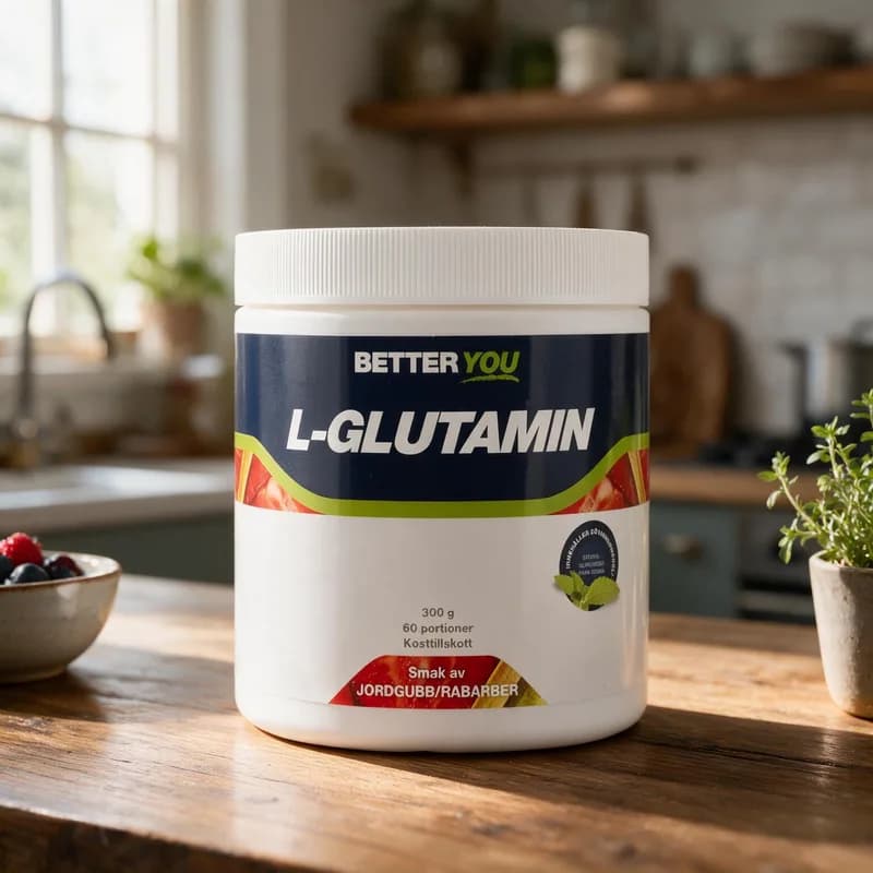Valkoinen Better You L-Glutamin -purkki mansikka-raparperi-etiketillä puisella keittiön pöydällä