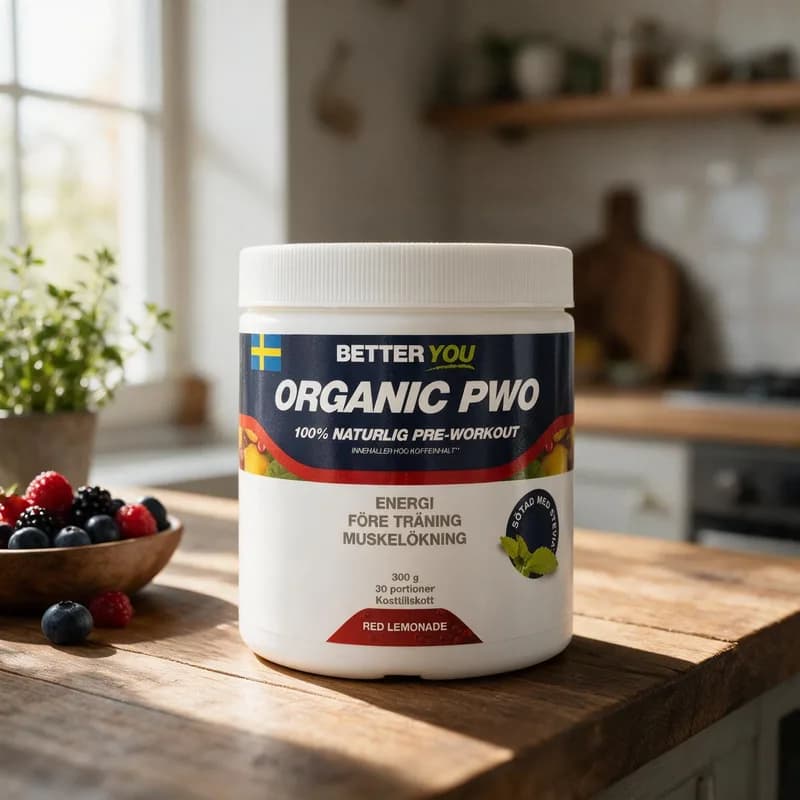 Valkoinen Better You Organic PWO -purkki puisella pöydällä marjakulhon vieressä