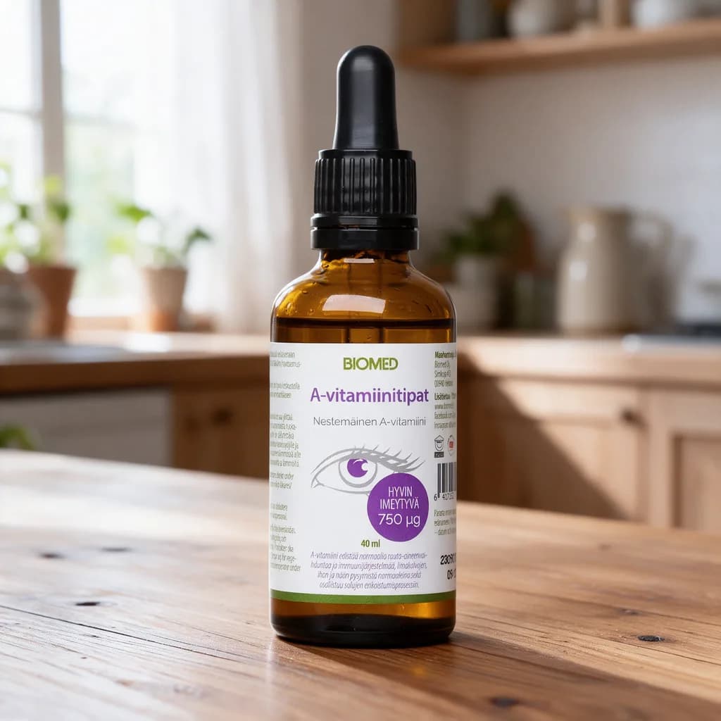 Ruskea Biomed A-vitamiinitipat -lasipullo mustalla tiputinkorkilla ja valkoisella etiketillä puisella keittiön pöydällä