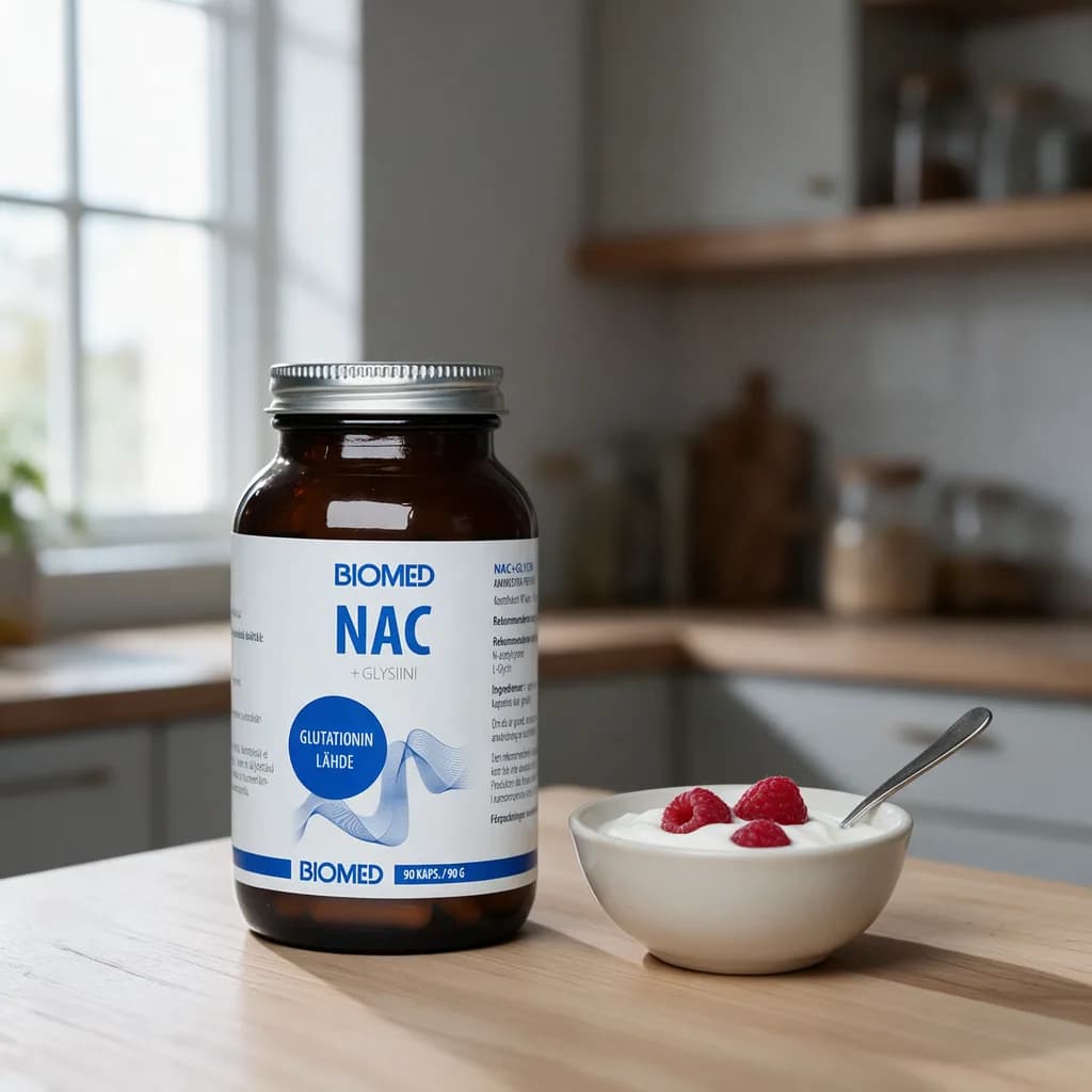 Biomed NAC + Glysiini -lasipurkki puisella keittiön pöydällä jogurttikulhon vieressä