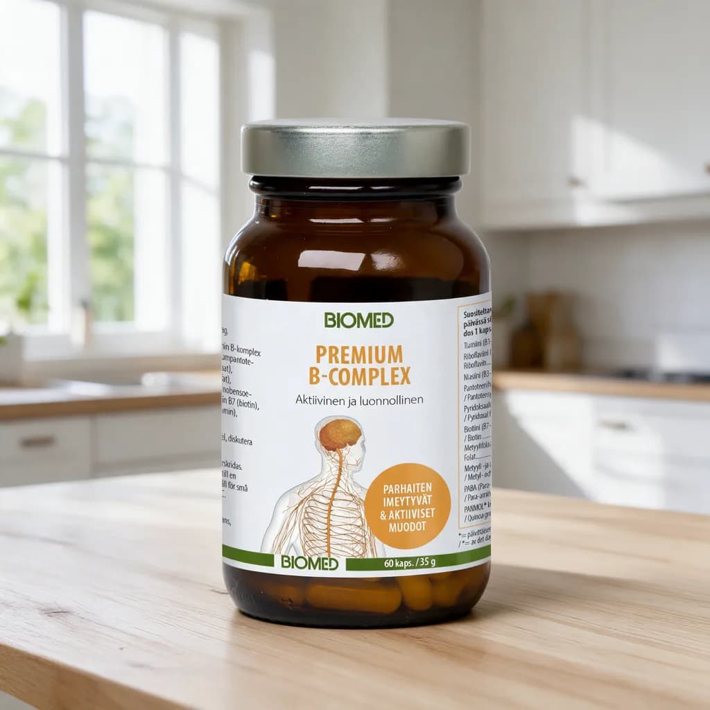Biomed Premium B-complex -purkki puisella keittiön pöydällä