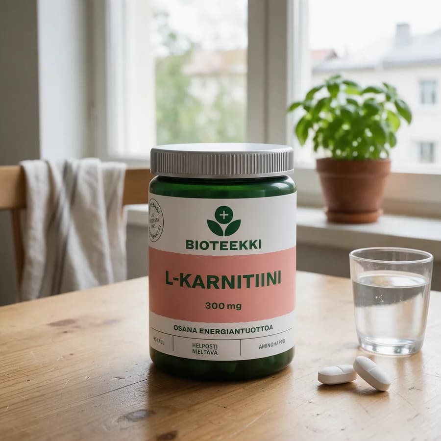 Bioteekki L-Karnitiini -tablettipurkki keittiön pöydällä vesilasin ja kahden tabletin vieressä