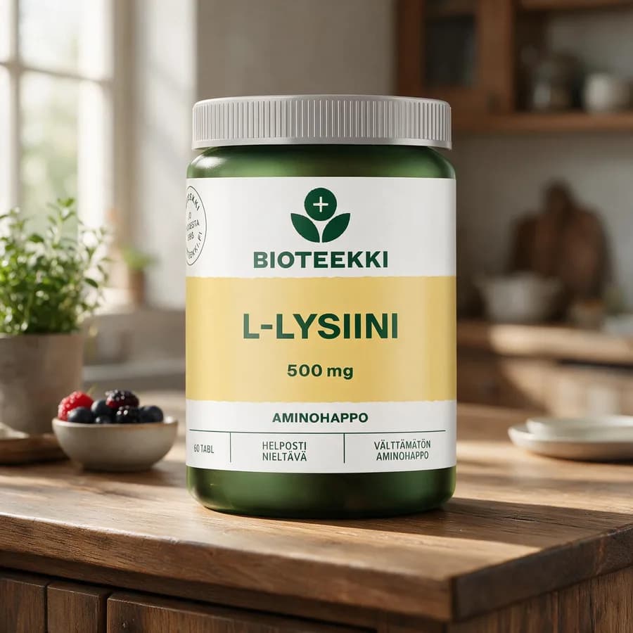 Vihreä Bioteekki L-Lysiini -purkki harmaalla kannella ja keltaisella raidalla puisella keittiön pöydällä, taustalla kulhollinen marjoja