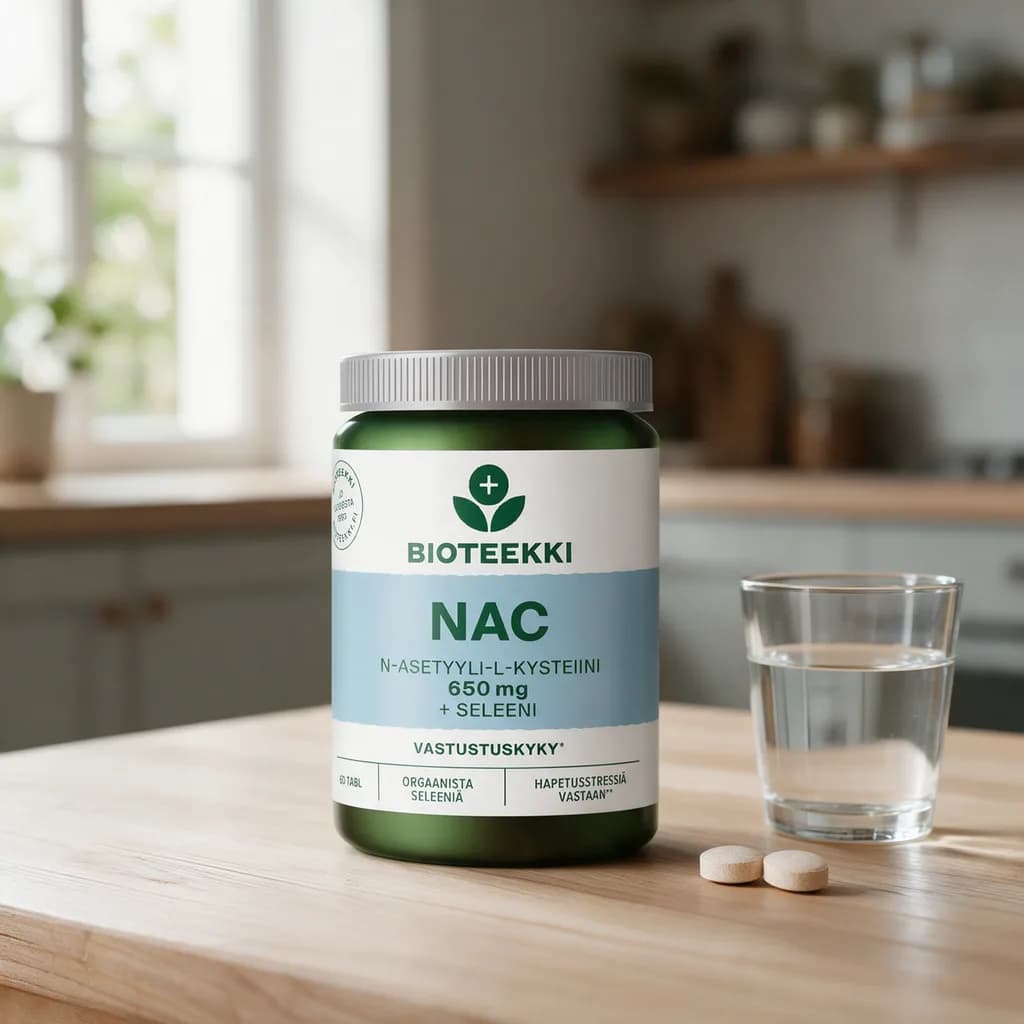 Bioteekki NAC + Seleeni -purkki puisella keittiön pöydällä vesilasin ja kahden tabletin vieressä