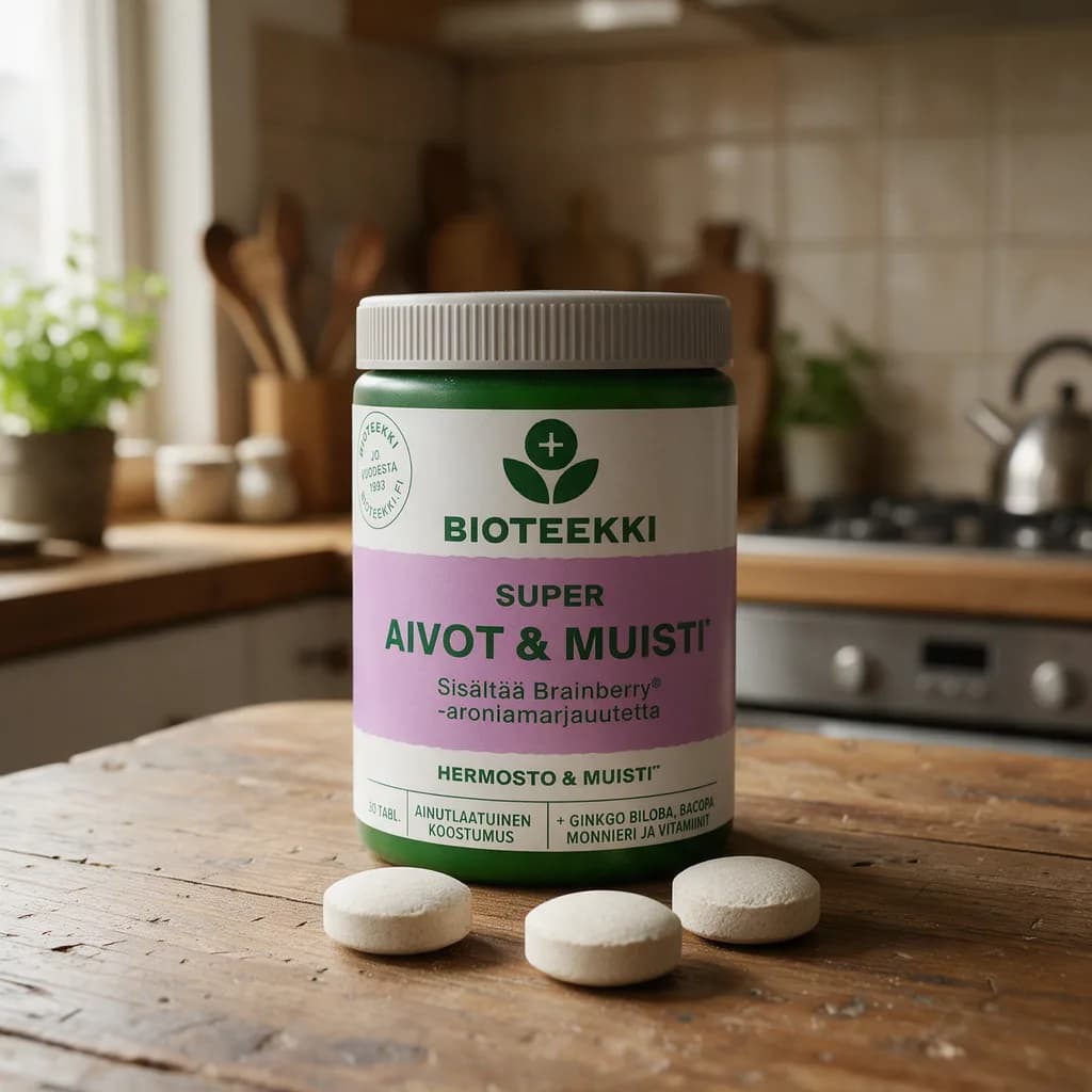 Vihreä Bioteekki Super Aivot & Muisti -purkki puisella keittiön pöydällä aamuvalossa, edessä muutama tabletti