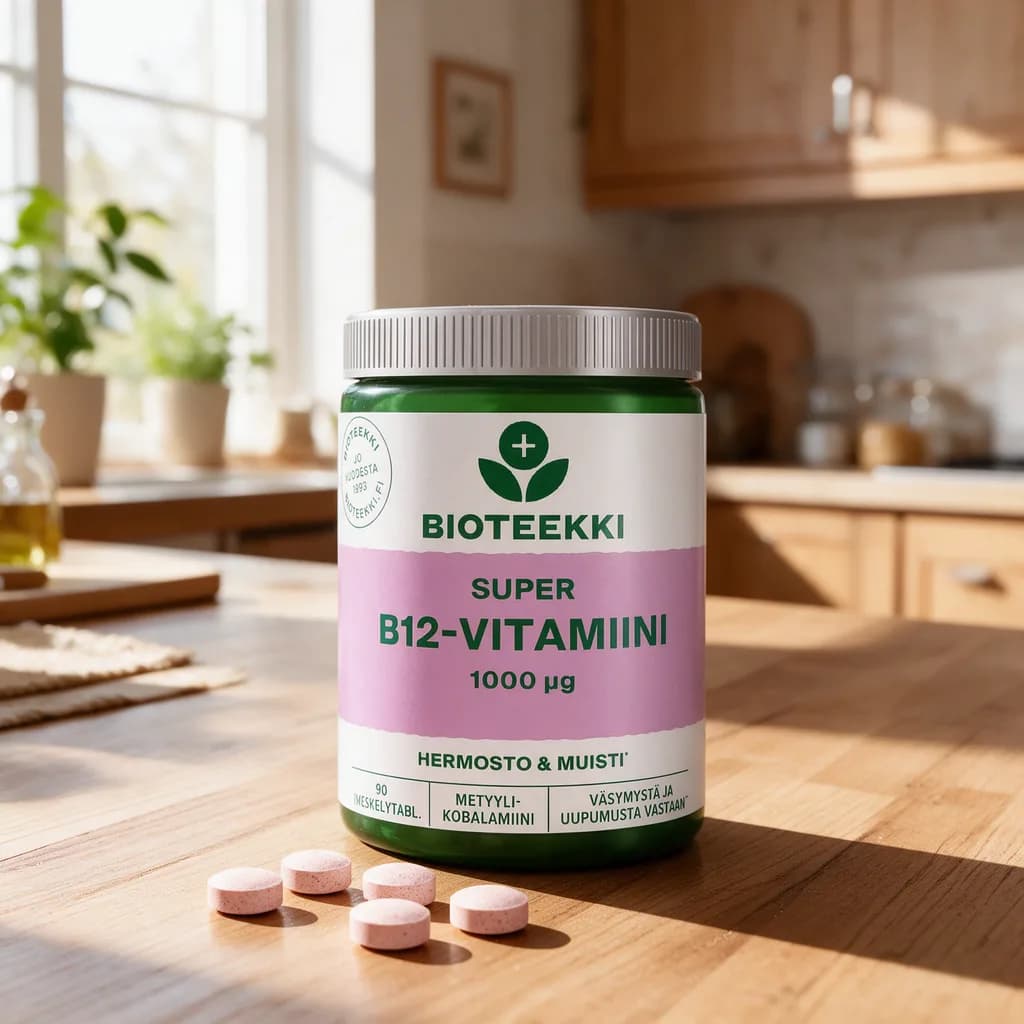 Vihreä Bioteekki Super B12-vitamiini -purkki puisella keittiön pöydällä, edessä muutama vaaleanpunainen tabletti
