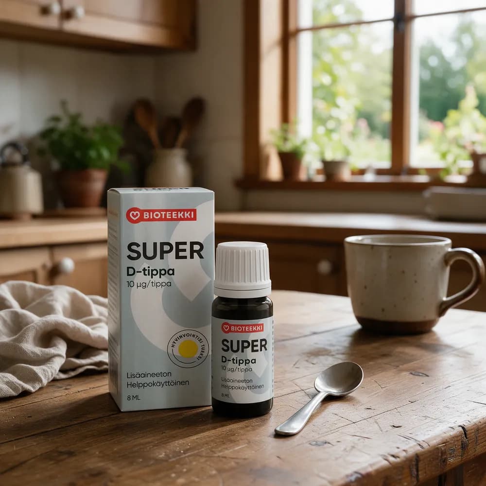 Bioteekki Super D-tippa -pullo ja kotelo keittiön puupöydällä teelusikan vieressä