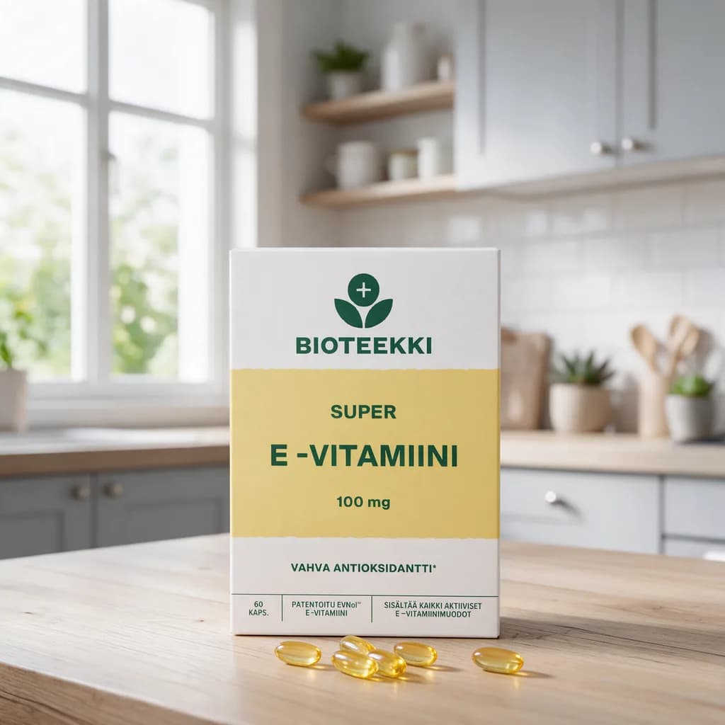 Valkoinen Bioteekki Super E-vitamiini -rasia keltaisella raidalla puisella keittiön pöydällä, edessä muutama pieni kullankeltainen öljykapseli