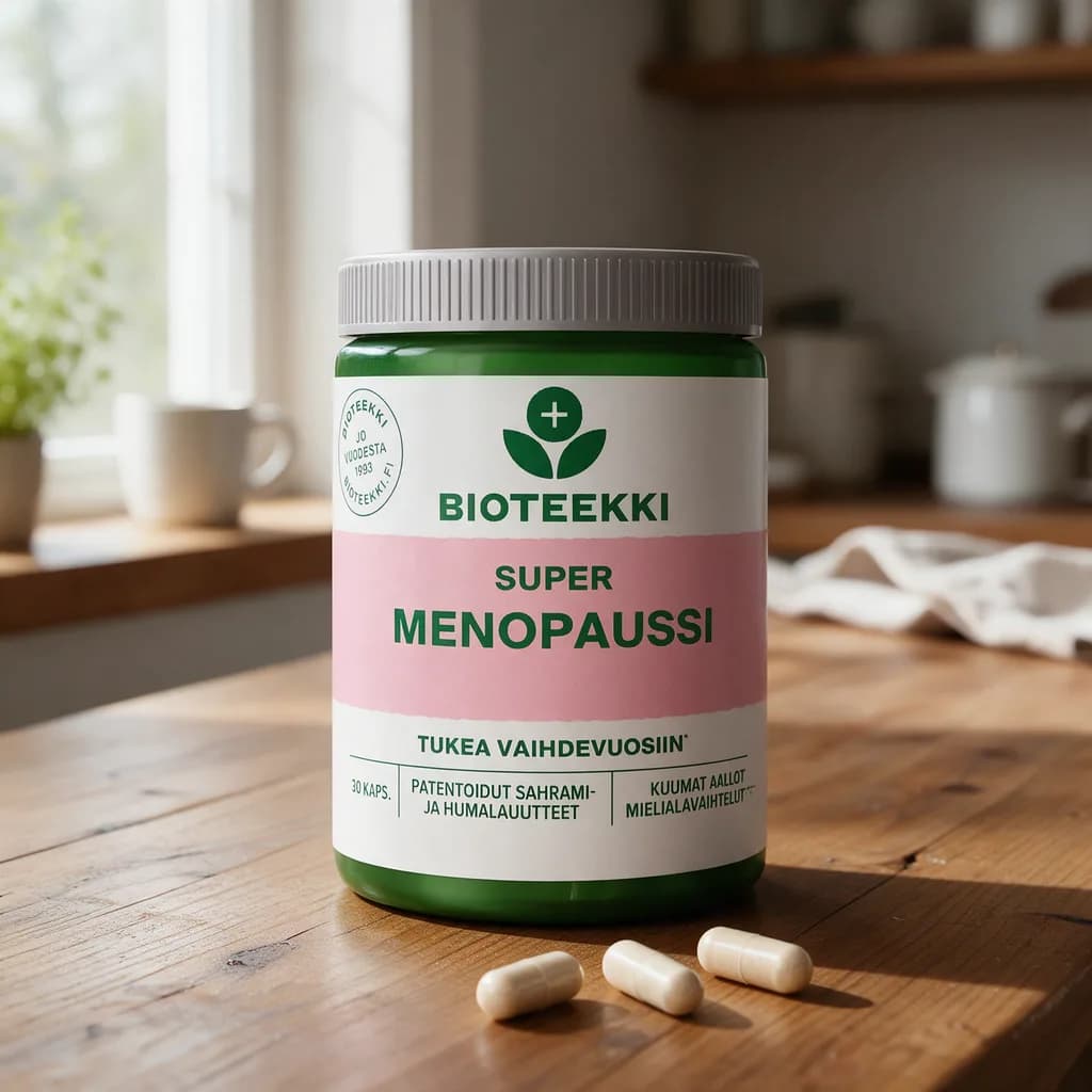 Vihreä Bioteekki Super Menopaussi -purkki harmaalla kannella ja vaaleanpunaisella etiketillä puisella keittiön pöydällä, edessä muutama kapseli
