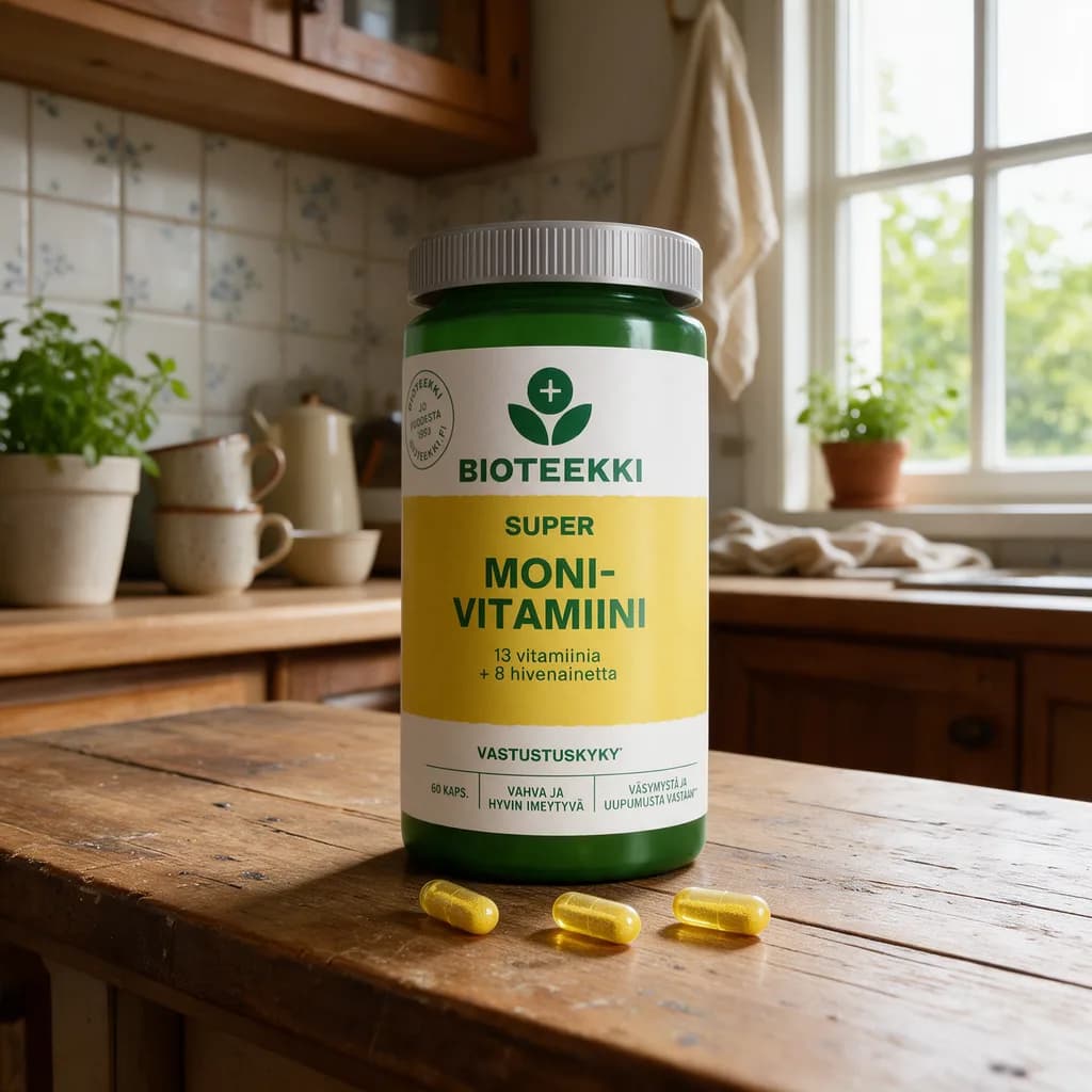 Vihreäkantinen Bioteekki Super Monivitamiini -purkki keltaisella etiketillä puisella keittiön pöydällä, edessä muutama kapseli