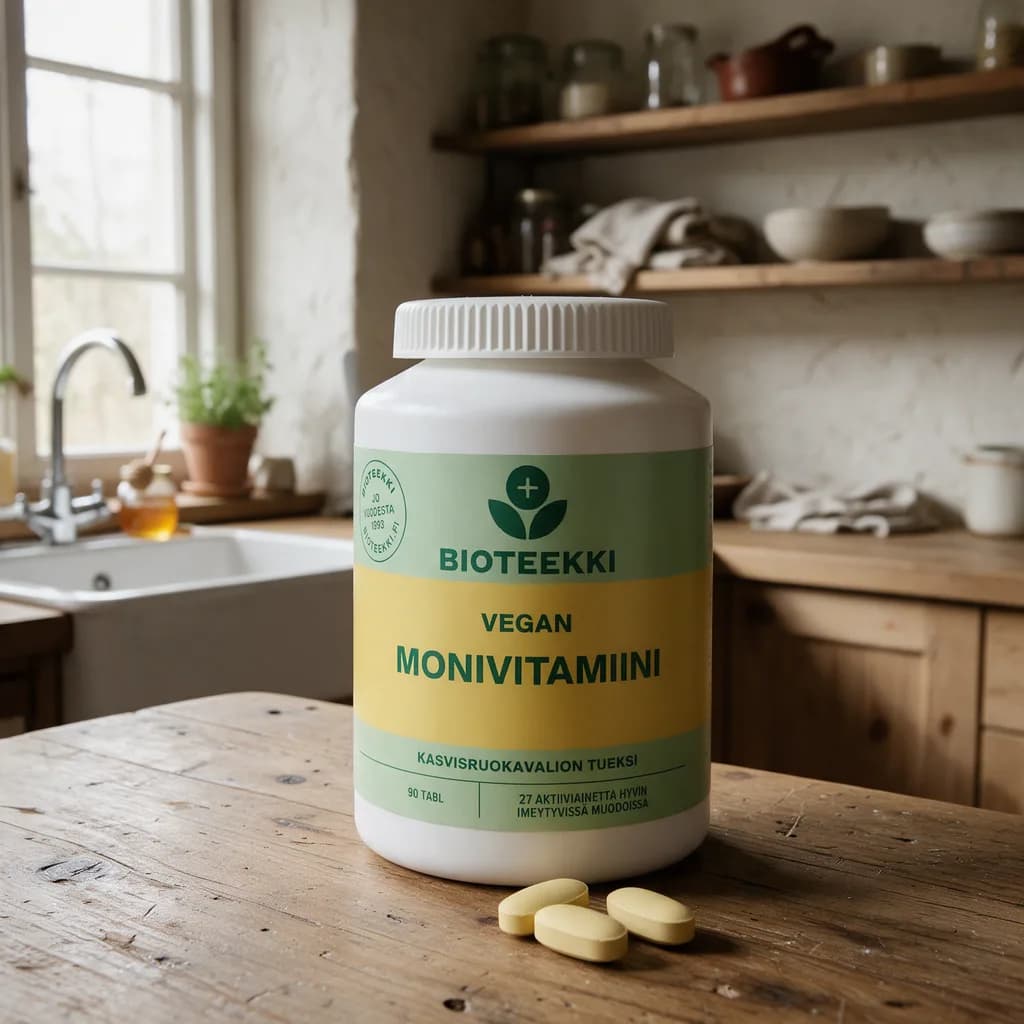 Valkoinen Bioteekki Vegan Monivitamiini -purkki vihreällä etiketillä puisella keittiön pöydällä, edessä muutama tabletti