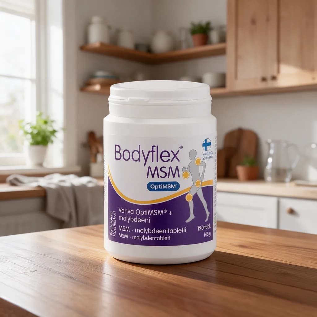Valkoinen Bodyflex MSM -tablettipurkki violetilla etiketillä puisella keittiön pöydällä