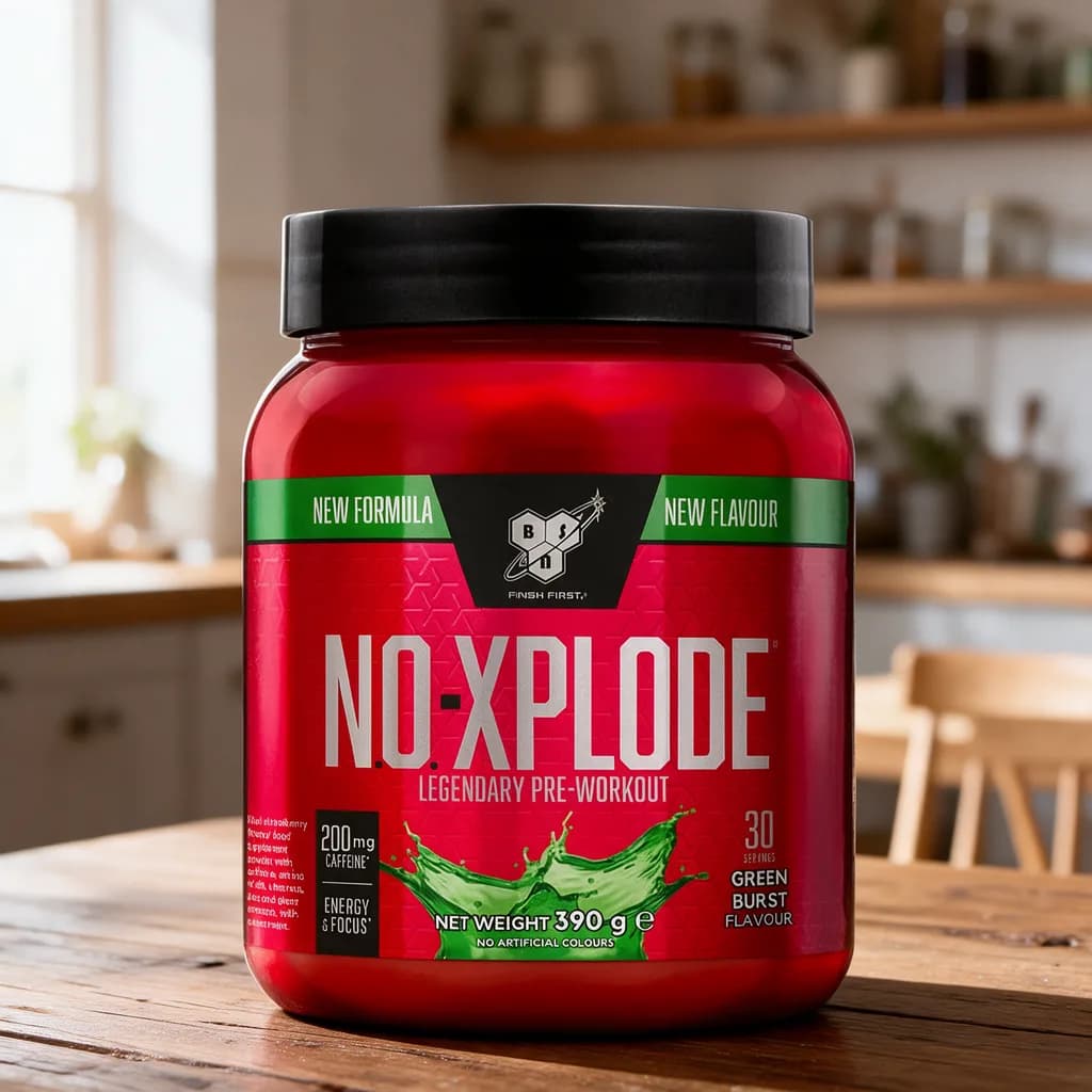 Punainen BSN N.O.-Xplode Legendary -purkki vihreällä etiketillä puisella keittiön pöydällä