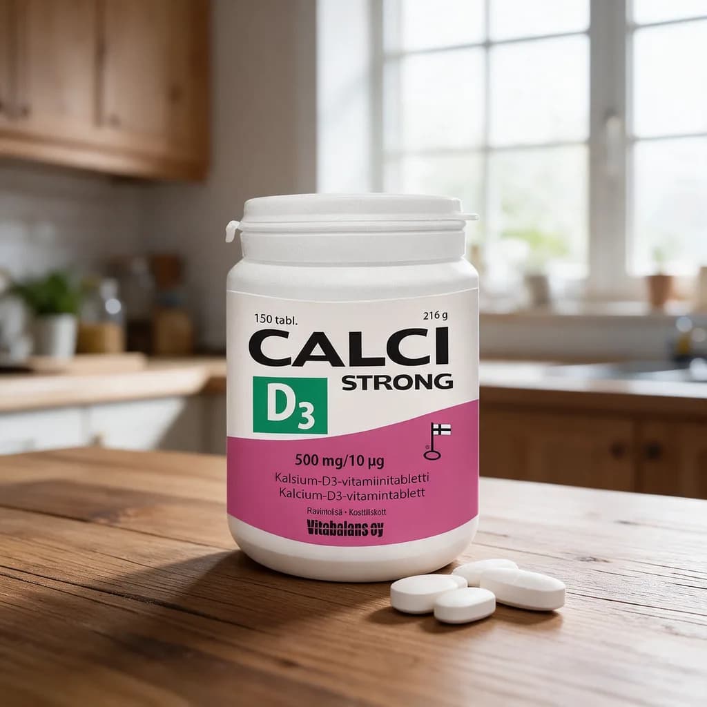 Valkoinen Calci Strong D3 -purkki pinkillä etiketillä ja valkoisella kannella puisella keittiön pöydällä, edessä muutama valkoinen tabletti