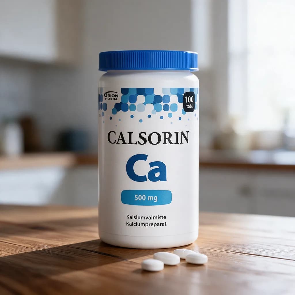 Valkoinen Calsorin Ca 500 mg -purkki sinisellä kannella ja sinisillä ruuduilla puisella keittiön pöydällä, edessä muutama valkoinen tabletti