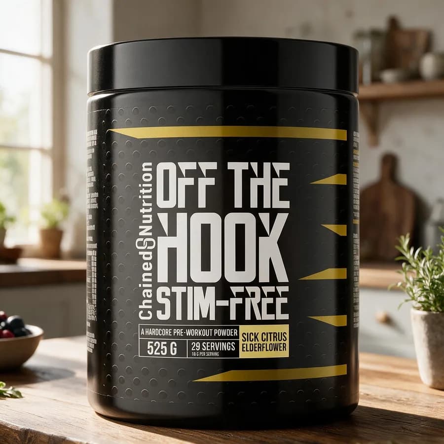 Musta Chained Nutrition Off The Hook Stim-Free -purkki keltaisin raidoin puisella keittiön pöydällä