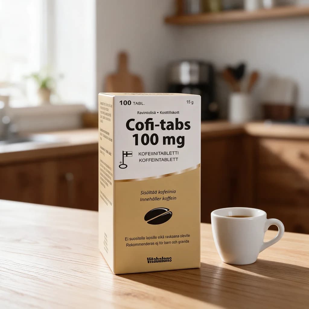 Cofi-Tabs-kofeiinitablettirasia puisella keittiön pöydällä vesilasin ja muutaman valkoisen tabletin vieressä