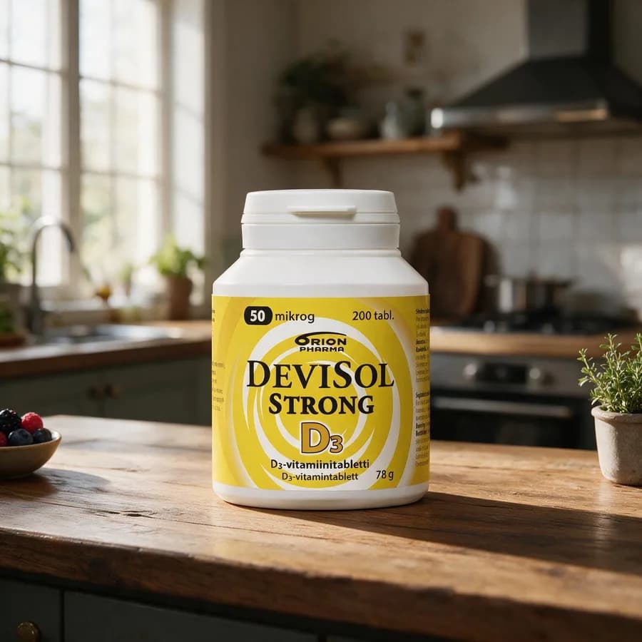 Devisol Strong 50 mikrog -purkki keittiön puupöydällä, taustalla ikkuna