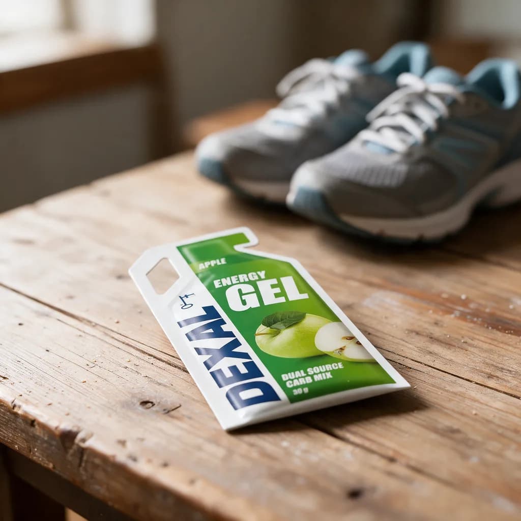 Vihreä Dexal Energy Gel Apple -pussi puisella keittiön pöydällä