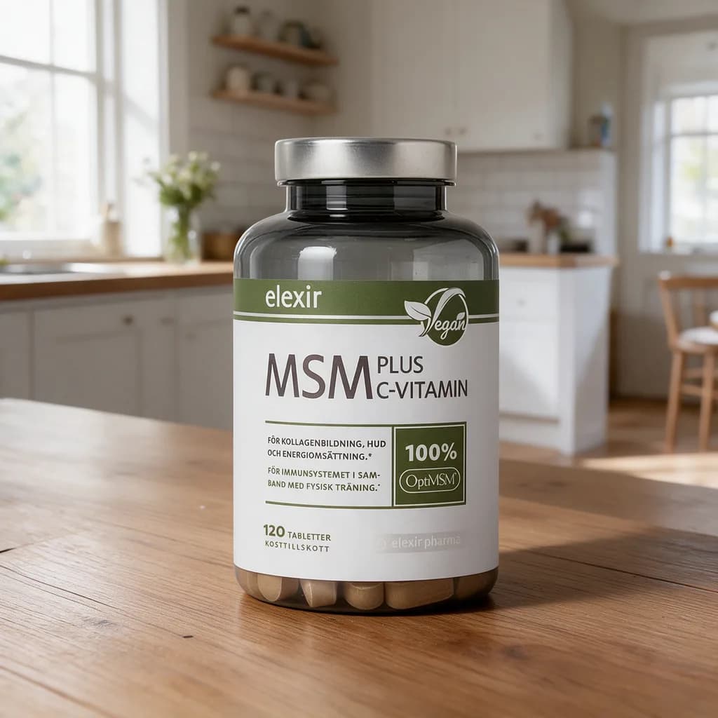 Harmaakantinen Elexir MSM Plus C-vitamin -tablettipurkki vihreällä etiketillä puisella keittiön pöydällä