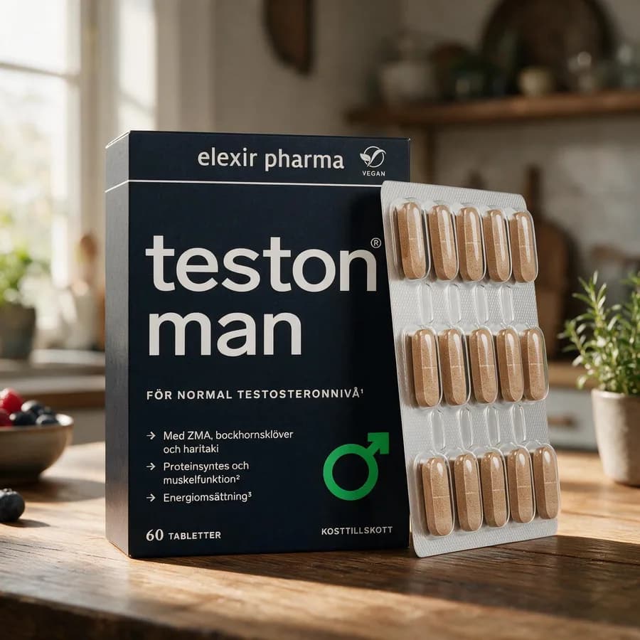 Musta Elexir Pharma Teston Man -rasia ja sen vieressä läpipainopakkaus puisella keittiön pöydällä