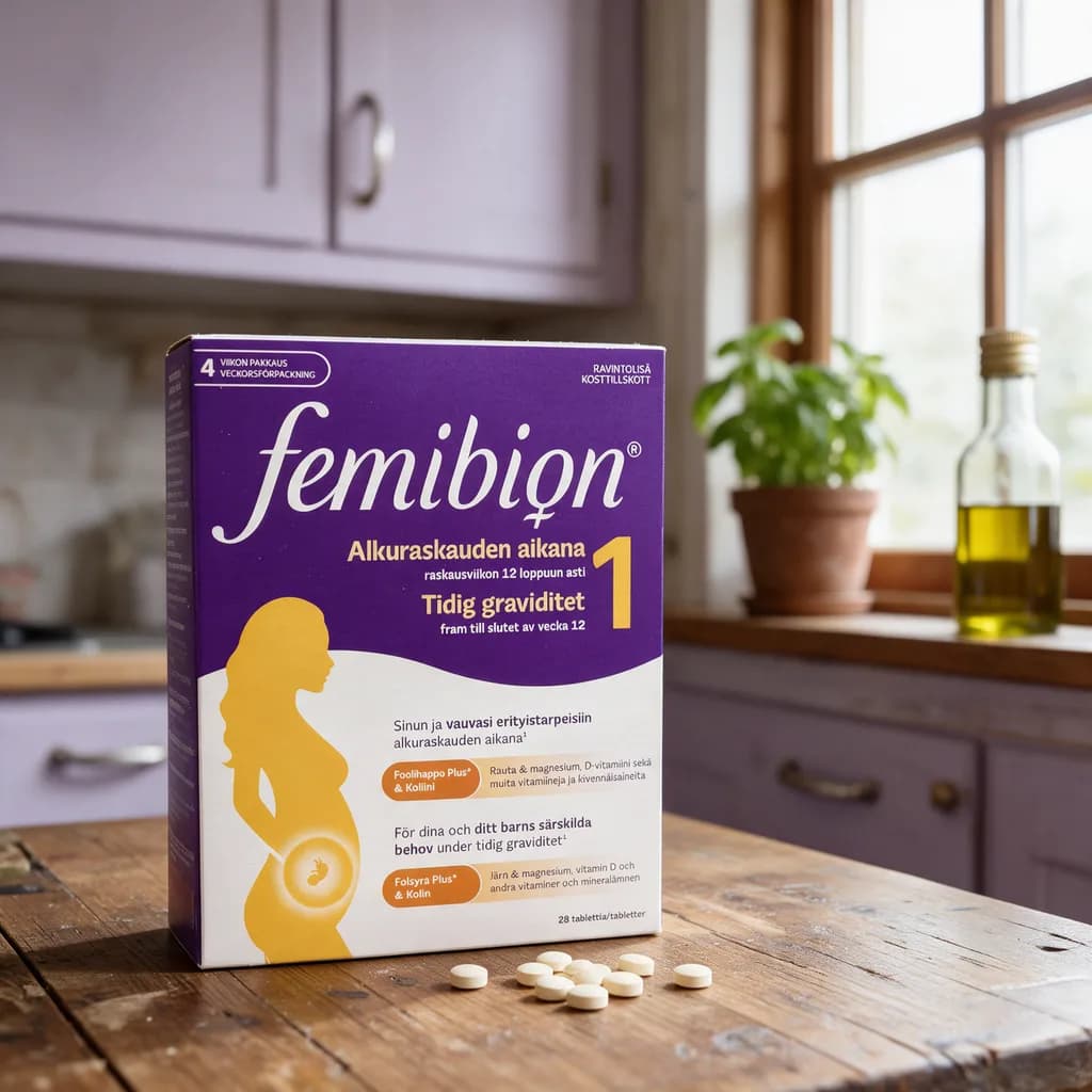 Violetti Femibion 1 -rasia puisella keittiön pöydällä, edessä muutama tabletti