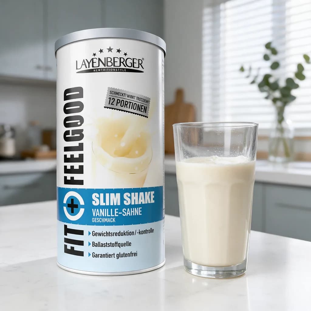Fit+ Feelgood Slim Shake Vanilla Cream -purkki ja lasi maitoa keittiön työtasolla