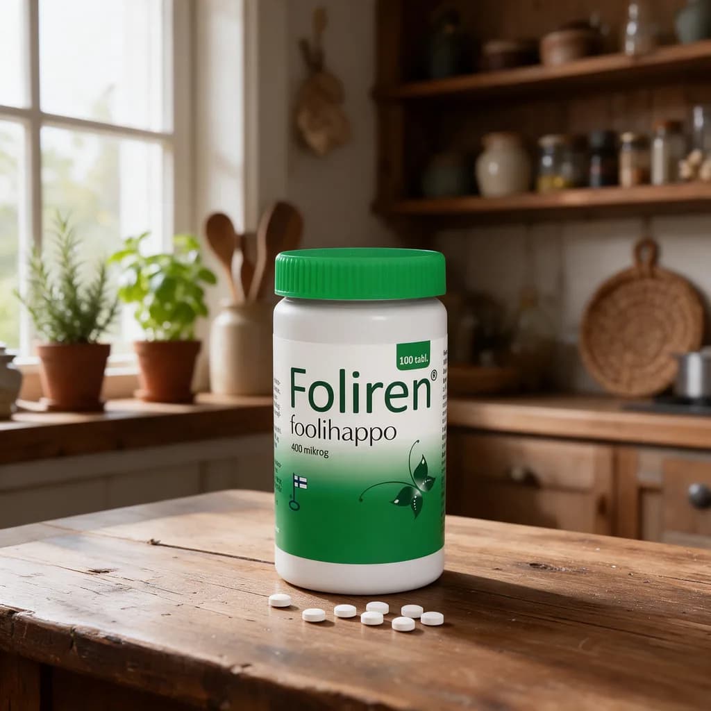 Vihreäkantinen Foliren-foolihappopurkki puisella keittiön pöydällä, edessä muutama pieni tabletti