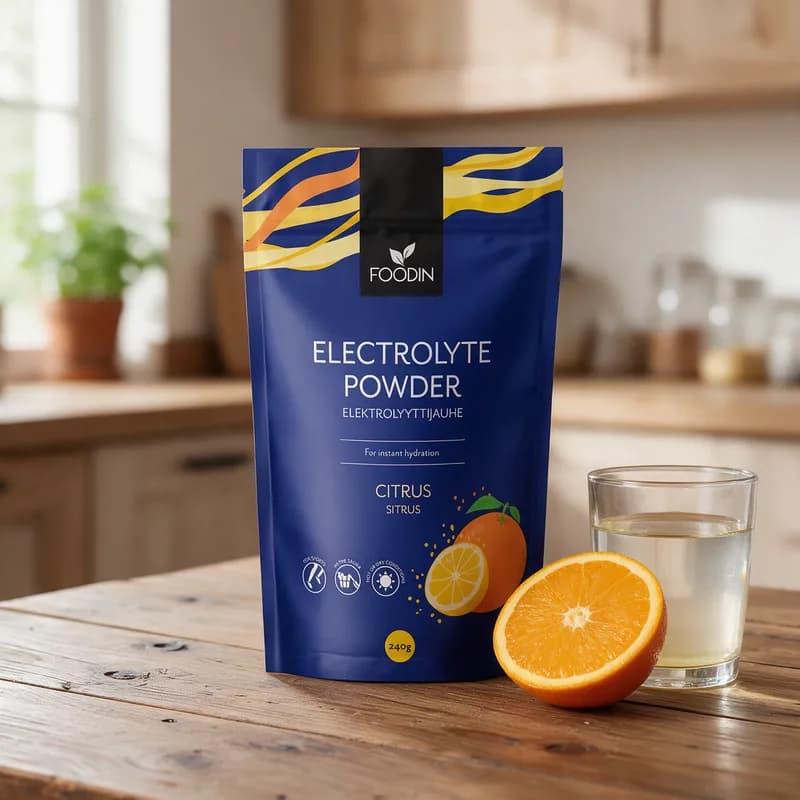Tummansininen Foodin Electrolyte Powder -pussi appelsiinin kuvalla puisella keittiön pöydällä