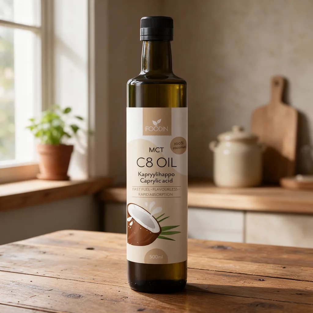 Tumma Foodin Kapryylihappo -pullo beigellä MCT C8 Oil -etiketillä puisella keittiön pöydällä