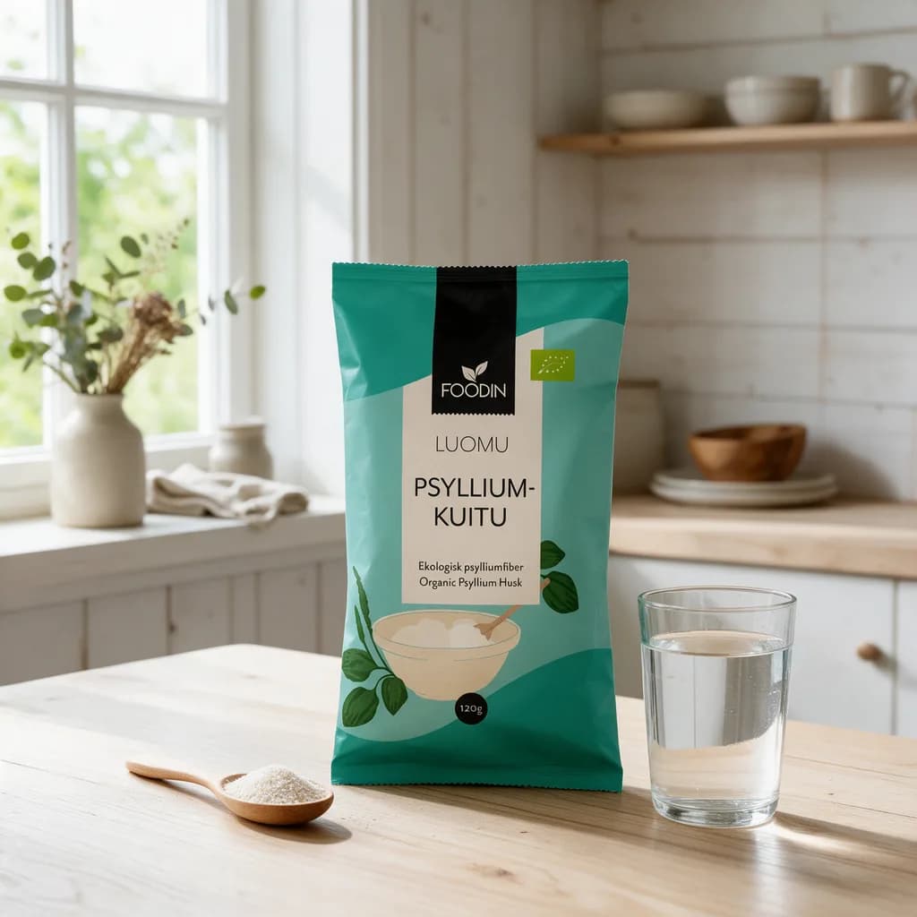 Foodin Luomu Psylliumkuitu -pussi puisella keittiön pöydällä vesilasin ja lusikallisen psylliumia vieressä