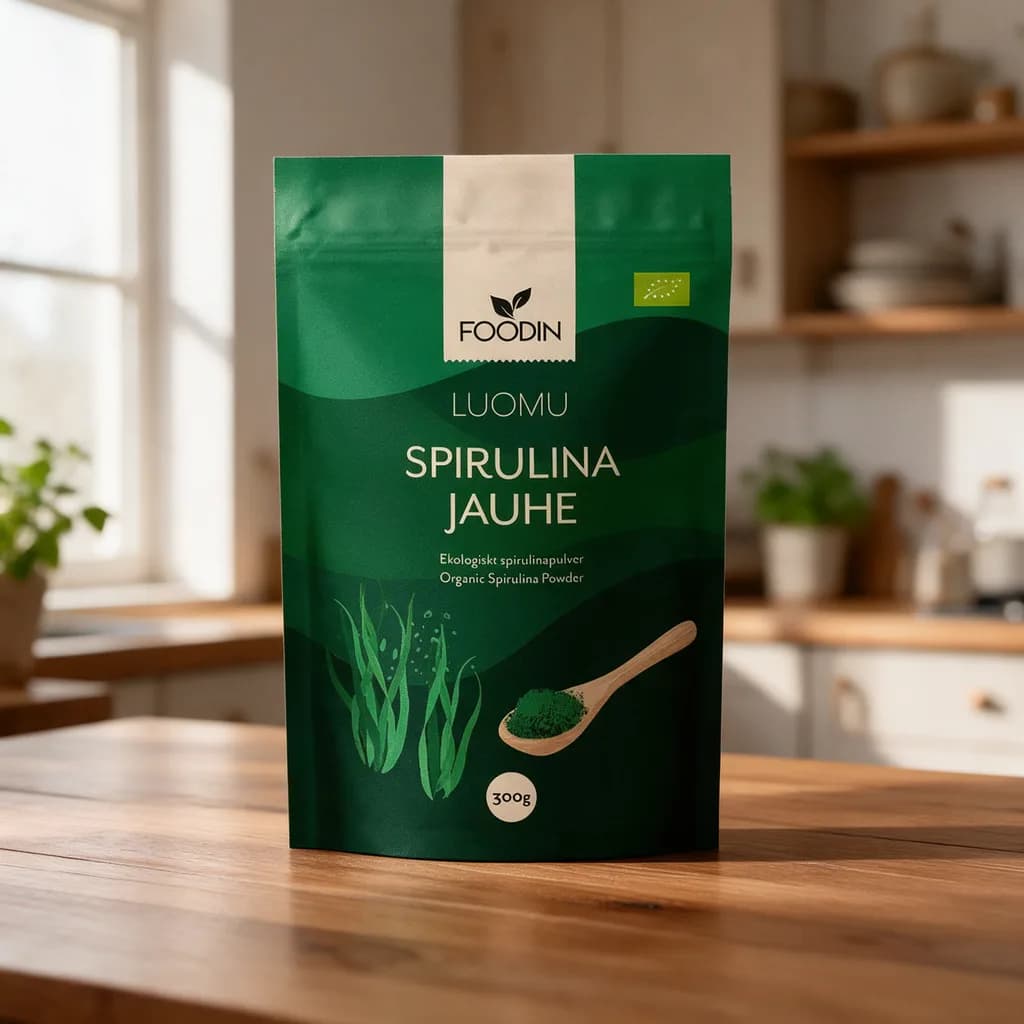 Vihreä Foodin Luomu Spirulina Jauhe -pussi puisella keittiön pöydällä