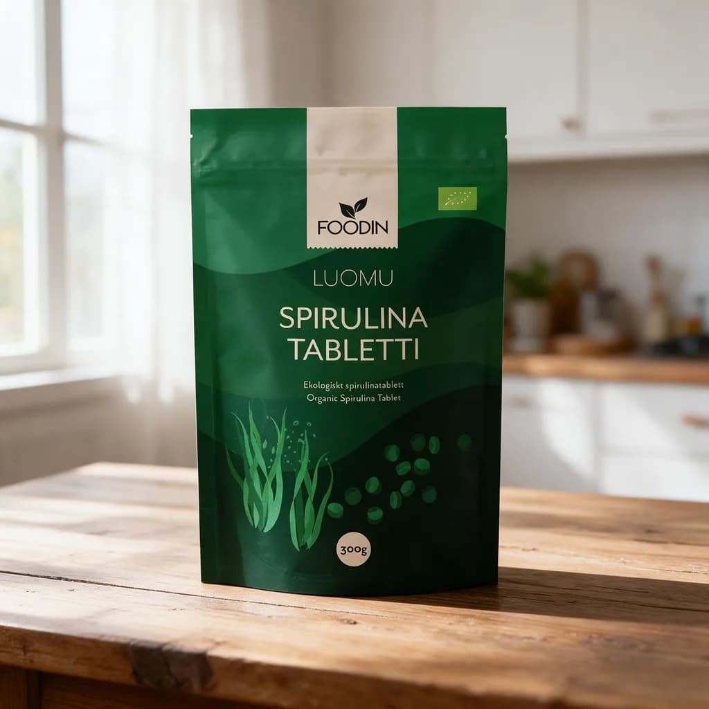 Tummanvihreä Foodin Luomu Spirulina Tabletti -pussi puisella keittiön pöydällä