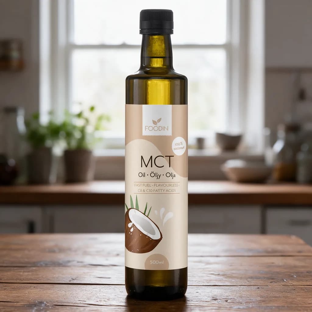 Tumma Foodin MCT-öljy -pullo beigellä etiketillä ja kookoskuvalla puisella keittiön pöydällä