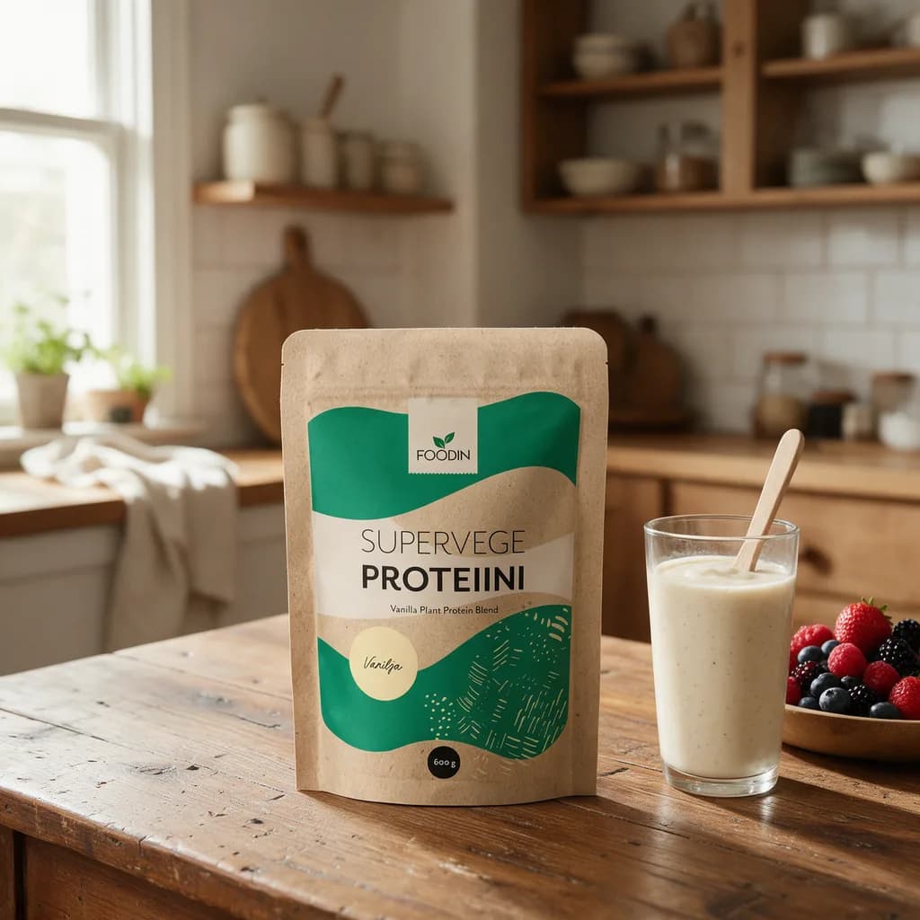 Foodin Supervege Proteiini Vanilja -paperipussi puisella keittiön pöydällä smoothielasin ja marjakulhon vieressä