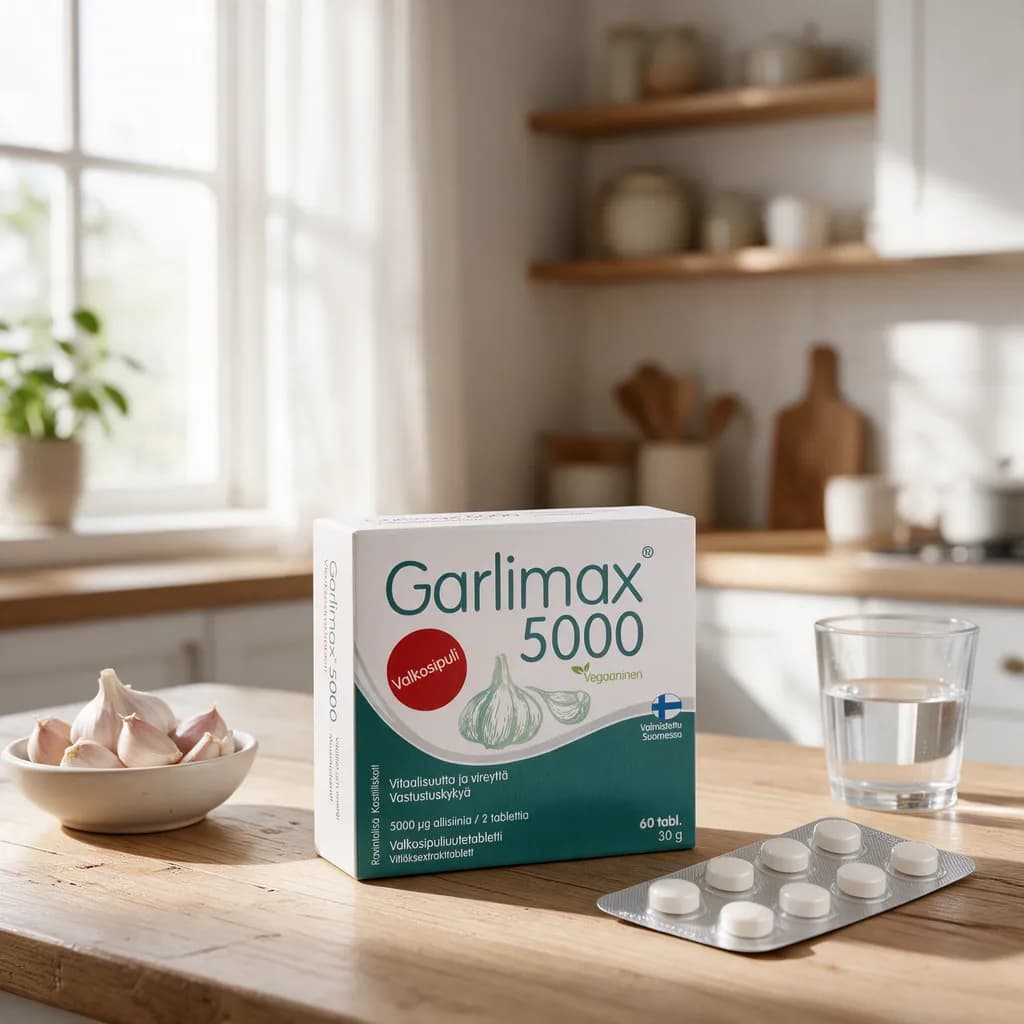 Garlimax 5000 -kotelo puisella keittiön pöydällä tablettiliuskan, valkosipulinkynsien ja vesilasin vieressä