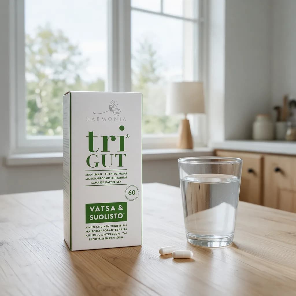 Harmonia triGUT -rasia puisella keittiön pöydällä vesilasin ja kahden valkoisen kapselin vieressä