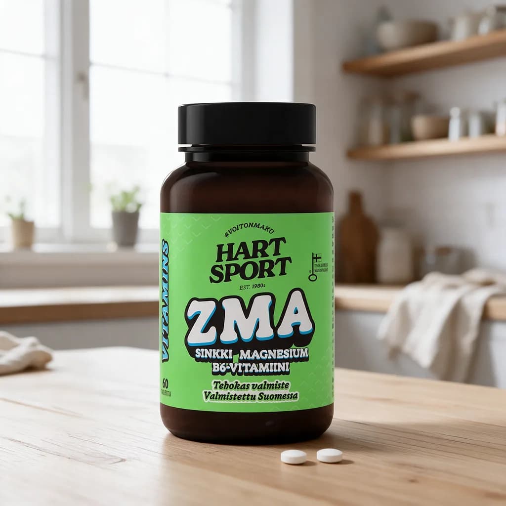 Vihreäetikettinen Hart-Sport ZMA -purkki puisella keittiön pöydällä, edessä kaksi valkoista tablettia