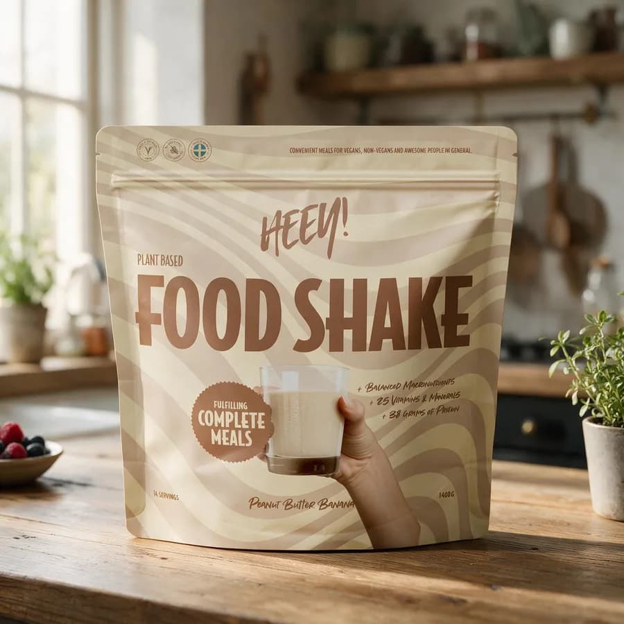 HEEY Food Shake -pussi puisella keittiön pöydällä, taustalla marjakulho ja yrttiruukku