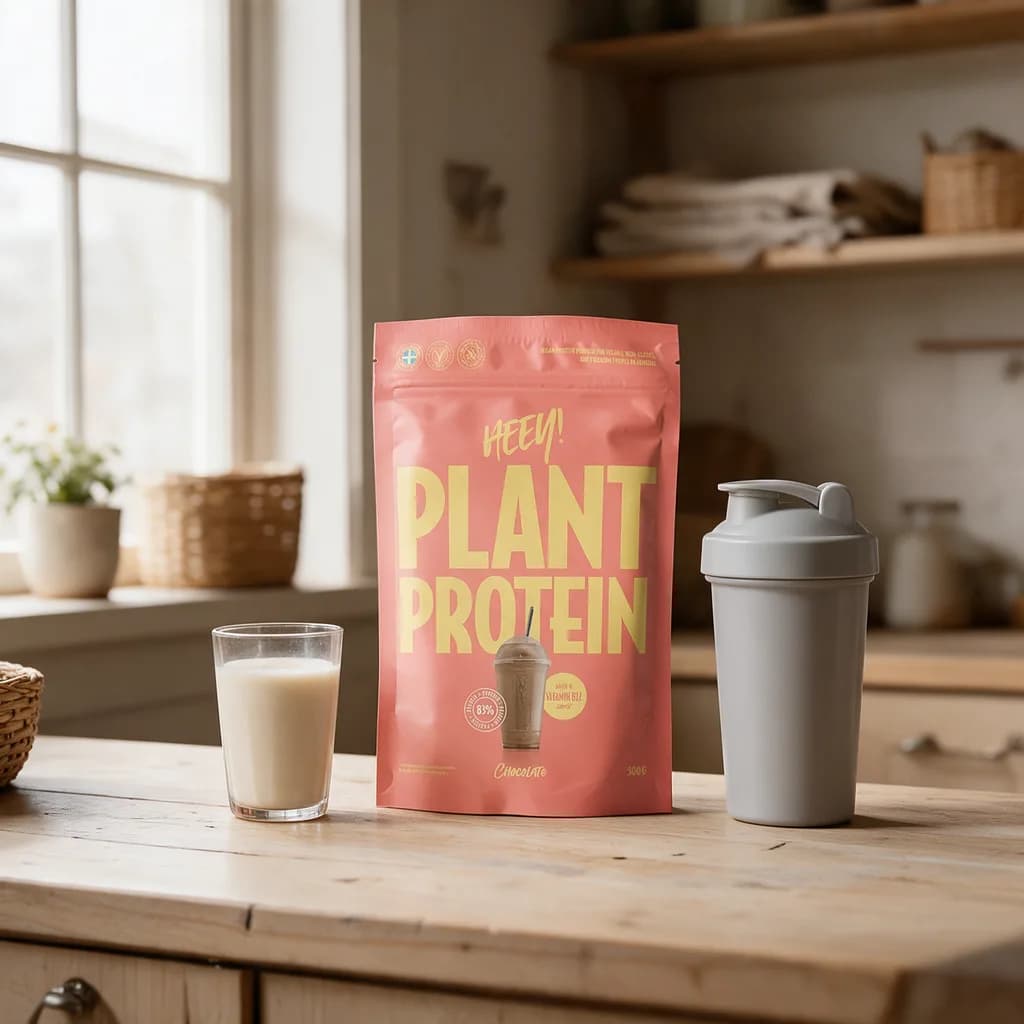 HEEY Plant Protein Chocolate -pussi keittiön työtasolla shakerin ja kaurajuomalasin vieressä